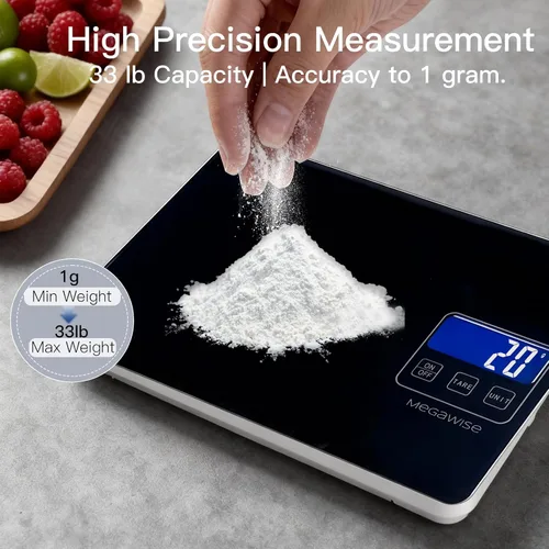 Vista 5 de MegaWise Báscula de precisión para alimentos, báscula digital recargable impermeable de 33 libras, graduación precisa de 0.04 onzas, peso gramos