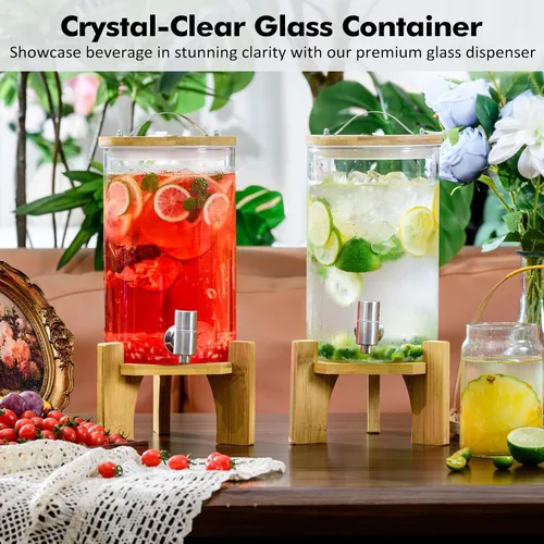 Vista 2 de Dispensador de bebidas de vidrio grande de 1.2 galones para fiestas, dispensador de bebidas con soporte de madera de bambú y grifo de acero