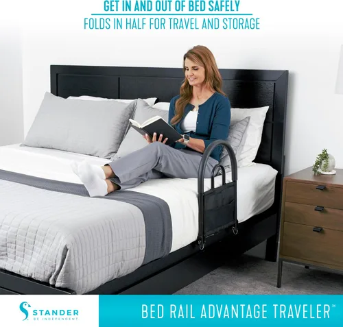 Vista 2 de Stander Riel de cama Advantage Traveler, barandilla plegable bariátrica con bolsa para adultos, personas mayores y ancianos, barandilla de seguridad