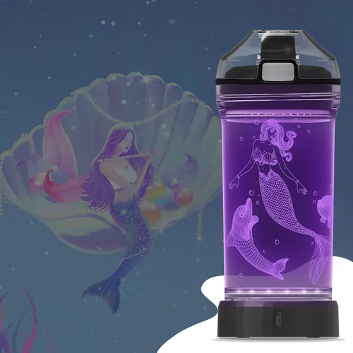 Vista 3 de YuanDian Botella de agua iluminada para niños con diseño de sirena 3D, 14 onzas, Tritan libre de BPA, ecológica, tazas de bebida frescas, regalo
