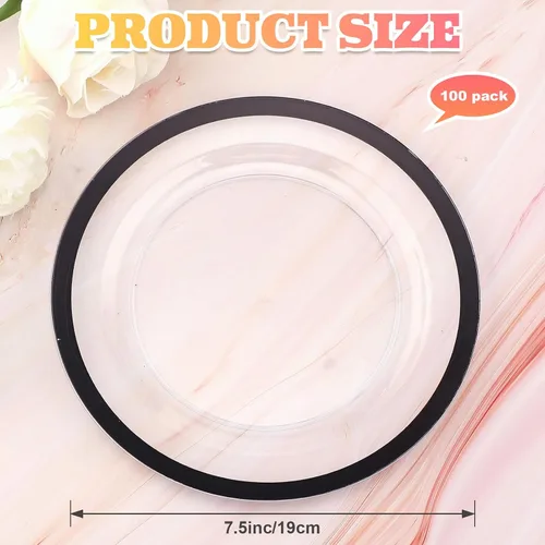Vista 2 de Tanlade 100 platos de plástico negro transparente a granel de 7.5 pulgadas desechables de alta resistencia con borde rojo redondo ensalada postre