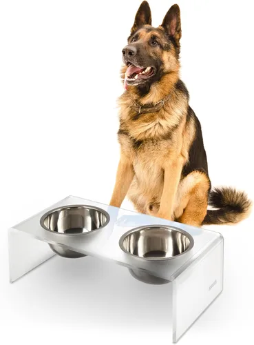 Vista 17 de DBL2000B Keaton - Comedero rectangular elevado moderno de lucita para mascotas de 5 pulgadas, tamaño pequeño/mediano, con 2 cuencos de acero