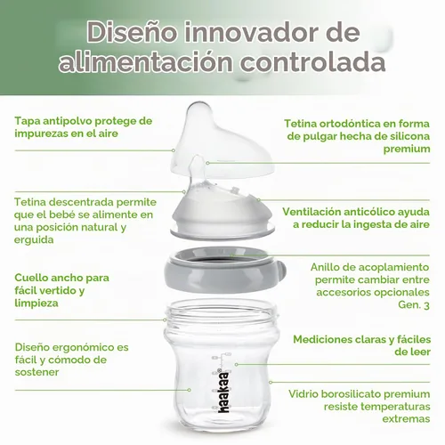 Vista 4 de haakaa Gen.3 Biberón de vidrio natural de 4.2 onzas líquidas, pezón de flujo lento anticólicos de cuello ancho para bebés amamantados de 0 meses Gris
