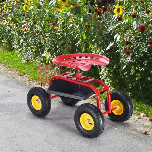 Vista 4 de Giantex Asiento de trabajo de jardín rodante, asiento de trabajo de jardinería giratorio 360 con ruedas, cesta de herramientas, altura ajustable