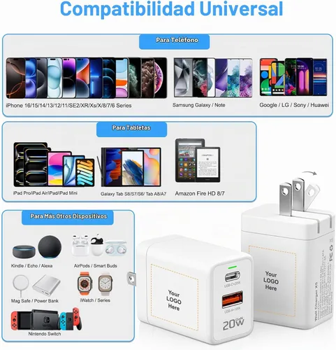Vista 5 de Bloque de cargador USB C personalizado, 10-500 unidades, cargador compacto de 20 W de 2 puertos con enchufe plegable para iPhone serie 17/16, Galaxy