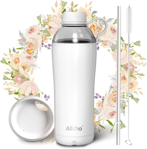 Vista 11 de Bow - Botella de agua aislada para mujeres, botellas de agua de acero inoxidable de 18 oz, de doble pared, 2 tapas (para beber y vaso) - Hidrata