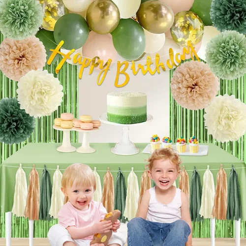 Vista 5 de Decoraciones de fiesta de cumpleaños verde salvia para mujeres y niñas, pancarta de feliz cumpleaños, retro, verde oliva, dorado, globo, cortina