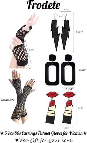 Vista 2 de 5 unids 80s pendientes de malla guantes para mujer neón pendientes temáticos fiesta accesorios retro 80s joyería