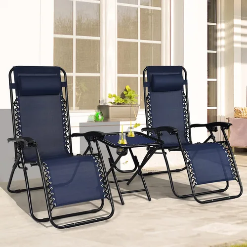 Vista 4 de HAPPYGRILL Juego de sillas de salón Zero Gravity con mesa auxiliar, sillas reclinables plegables con mesa auxiliar y almohada, juego de 3 piezas