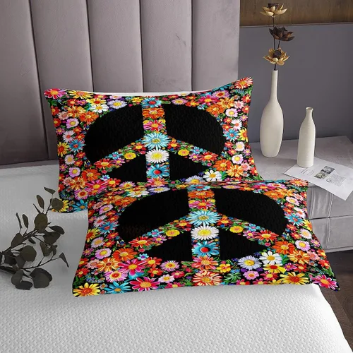 Vista 4 de Juego de colcha con signo de la paz tamaño King, flores coloridas acolchadas para niños, adolescentes y adultos, juego de colcha floral pastoral