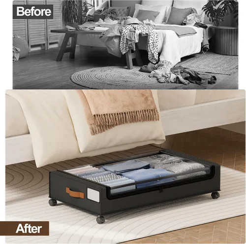 Vista 9 de LAMU Almacenamiento debajo de la cama con ruedas, paquete de 2 contenedores de almacenamiento debajo de la cama con tapa transparente y asa de piel