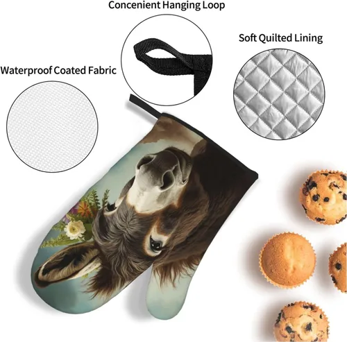 Vista 5 de Juego de 4 guantes de horno y soportes para ollas con estampado de animales burros, resistentes al calor, antideslizantes, guantes de horno