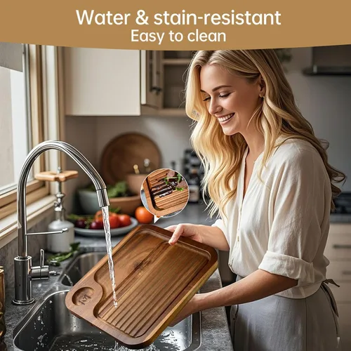 Vista 5 de Platos de bistec de madera de acacia, tabla de cortar carnívora para comer, plato de carne tallado de madera, bandeja para servir alimentos, tabla