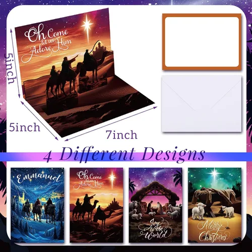 Vista 2 de Spiareal 4 piezas de tarjeta de Navidad emergente con sobres. Tarjetas religiosas 3D emergentes cristianas para Navidad, cumpleaños y suministros