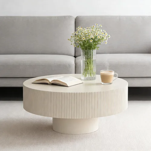 Vista 7 de Moderna mesa de centro redonda acanalada, mesa de centro de madera de tambor contemporáneo con base cilíndrica, mesa central circular para sala