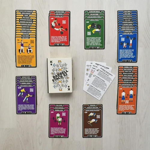 Vista 4 de Stack 52 Tarjetas de ejercicio con barra. Juego de cartas de levantamiento de pesas. Instrucciones en video incluidas. Culturismo, entrenamiento