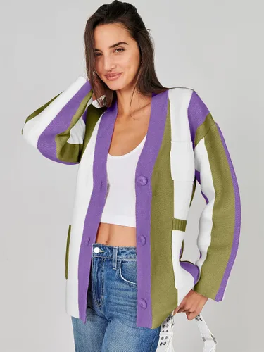 Vista 5 de ANRABESS Cárdigan de punto trenzado para mujer, manga larga, frente abierto, bloque de color, estilo bohemio, a rayas, abrigos para exteriores