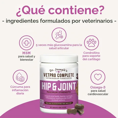 Vista 3 de VetPro Complete Glucosamina para perros – Masticables suaves de máxima fuerza con condroitina, MSM, cúrcuma, vitamina C, Omega 3 – trata