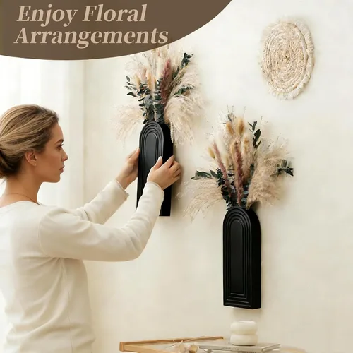 Vista 5 de Juego de 2 jarrones de pared de madera con eucalipto de hierba de las pampas, decoración de pared moderna de estilo bohemio para sala de estar