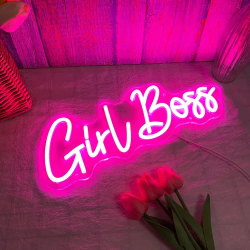 Vista 2 de Girl Boss - Letrero con luz LED USB rosa neón para dormitorio de niñas, decoración de pared del hogar, oficina, decoración de pared, letrero de arte