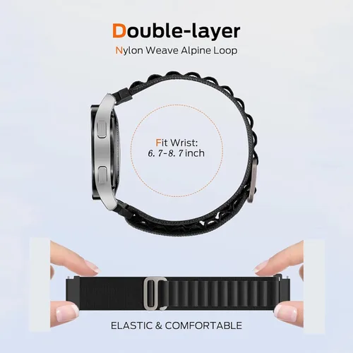 Vista 5 de Correa de nylon compatible con Samsung Galaxy Watch 7/FE/6/5 Pro 4 3/Watch 4 6 Classic/Active/Gear S2 S3 Frontier, correa de bucle deportivo de 20