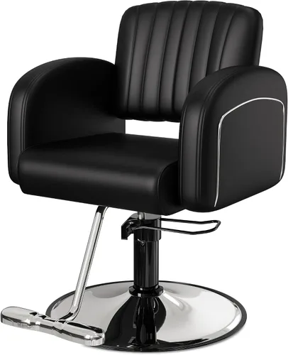 Vista 13 de Silla de salón profesional Baasha completamente negra, silla de estilo hidráulica de lujo con cuero PU suave, cojín de espuma de alta densidad, giro