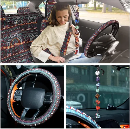 Vista 3 de Frienda - Juego completo de fundas para asientos de coche estilo Baja, manta de sillín multicolor con diseño bohemo a rayas, funda para volante