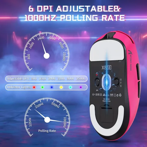 Vista 5 de ATTACK SHARK X8SE - Mouse inalámbrico para juegos, sensor óptico ajustable de 25 K DPI PAW3311, ergonómico de 2.08 oz ligero, triple modo