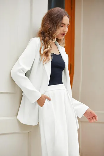 Vista 5 de Zeagoo Blazers casuales para mujer, con bolsillos, manga larga, frente abierto, para trabajo, oficina, con solapa, con botones, traje largo