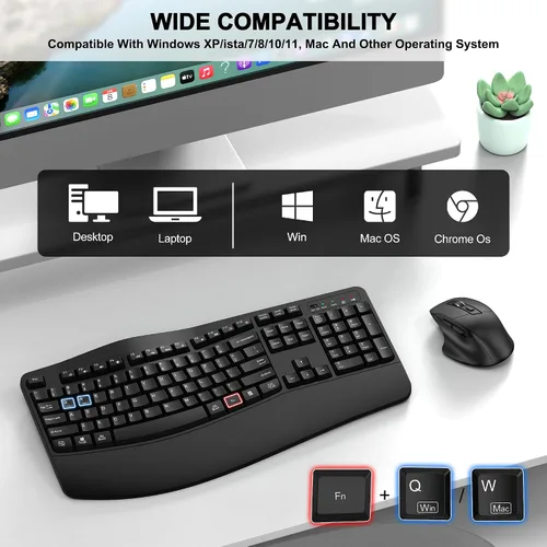 Vista 7 de Combo de teclado y mouse inalámbricos, teclado ergonómico de tamaño completo 2.4G con diseño de teclas onduladas y reposamuñecas, mouse ergonómico
