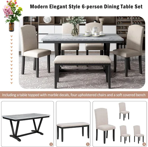Vista 3 de Juego de mesa de comedor para 6, mesa de comedor rectangular de madera con 4 sillas tapizadas y un banco, mesa de chapas de mármol con patas de mesa