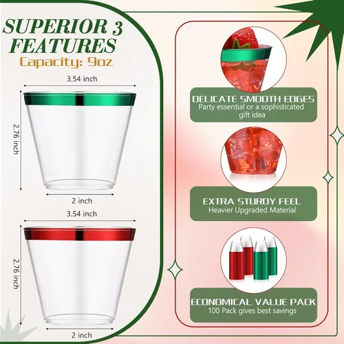Vista 2 de Zhehao 100 vasos de plástico transparente con borde de 9 onzas, copas de cóctel resistentes para bodas, cumpleaños, vacaciones, fiestas, recepciones