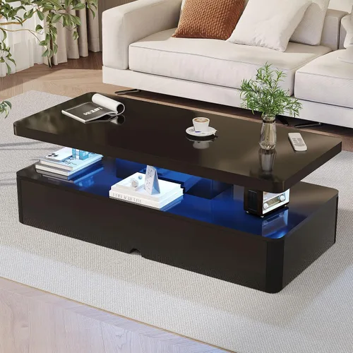 Vista 10 de MXV - Mesa de café moderna, mesas de café de 40 pulgadas con luces LED de 16 colores, mesa central rectangular de 2 niveles, gran espacio de 40