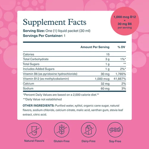 Vista 2 de Youtheory Vitamina B12 B6, suplemento diario de energía y apoyo cerebral, sabor líquido a frambuesa, 12 paquetes de 1 oz de una sola porción