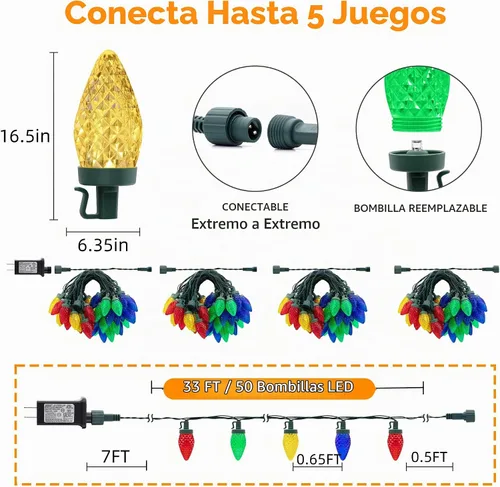 Vista 4 de Luces LED C9 de Navidad para exteriores, 33 pies, 50 LED, 8 modos de iluminación, impermeables, conectables, tira de luces de Navidad para Multi