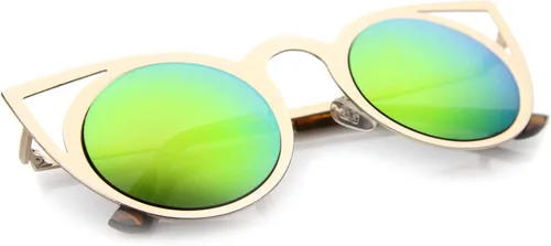 Vista 26 de zeroUV Gafas de sol redondas de metal recortadas con lente de espejo de ojo de gato para mujer