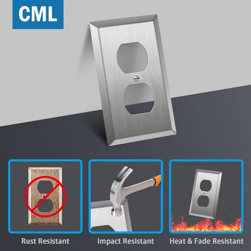Vista 2 de CML Placa de Pared de Metal para Receptáculo Dúplex, Cubiertas de Tomacorriente de Acero Inoxidable de 1 Gang, Paquete de 20 Placas de Interruptor