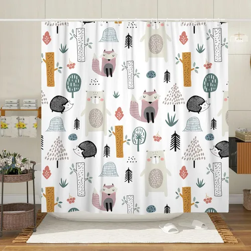Vista 12 de Cortina de ducha náutica para niños, azul bohemio, océano, tiburón, abstracto, dibujos animados, decoración de baño, con cortinas de ducha de tela