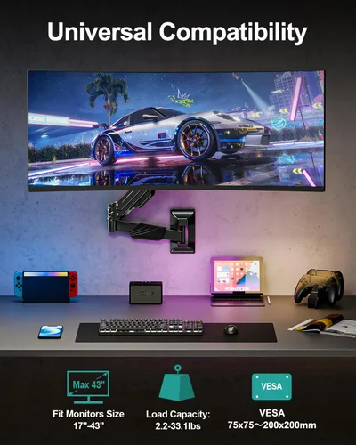 Vista 2 de MOUNT PRO Soporte de pared para monitor para pantallas ultrawide de 17-43", Soporte de pared para monitor de brazo único que soporta hasta 33.1