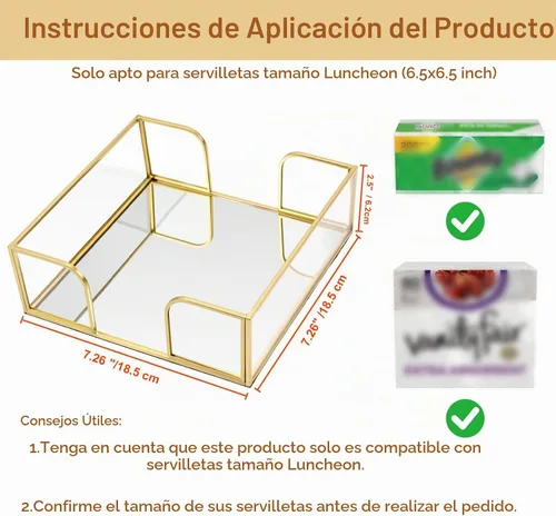 Vista 3 de Servilletero para mesa, servilleteros de vidrio para cocina, servilleteros planos para servilletas de papel, elegante servilletero dorado adecuado