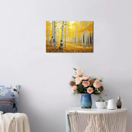 Vista 2 de UZMKM Lienzo decorativo de abedul para pared, pintura de bosque otoñal, imagen panorámica de paisaje, vista de la naturaleza amarilla, obra de arte