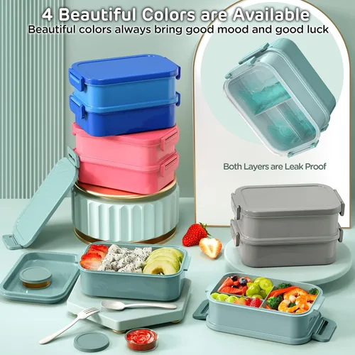 Vista 3 de DaCool Lonchera Bento para adultos, caja Bento de 74 onzas, contenedor apilable todo en uno para adultos, caja Bento grande con tenedor, cuchara