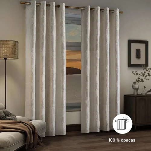 Vista 3 de Cortinas de patrón geométrico jacquard 100% opacas beige y plateado, 42 pulgadas de ancho y 63 pulgadas de largo, 2 paneles con aislamiento térmico