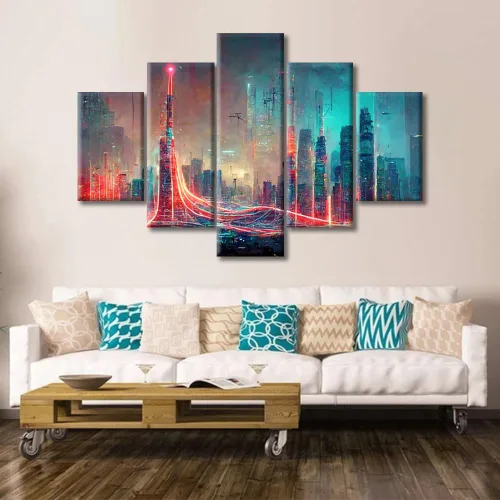 Vista 290 de Cuadros de 5 paneles de Cyberpunk City, arte de pared, representación de vallas publicitarias, edificios modernos en la capital con obras de arte