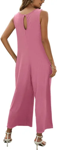 Vista 6 de Overol de verano para mujer, casual, holgado, pantalones largos, cuello redondo, sin mangas, con bolsillos