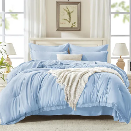 Vista 27 de Andency Juego de ropa de cama con edredón tamaño matrimonial beige con sábanas - 7 piezas, estilo bohemio con borlas, ropa de cama ligera en una 01