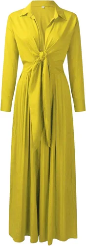 Vista 3 de Vestido largo de satén para mujer, cintura alta, manga larga, color verde, cuello en V profundo, ligero, de lujo, francés, grande, con vuelo