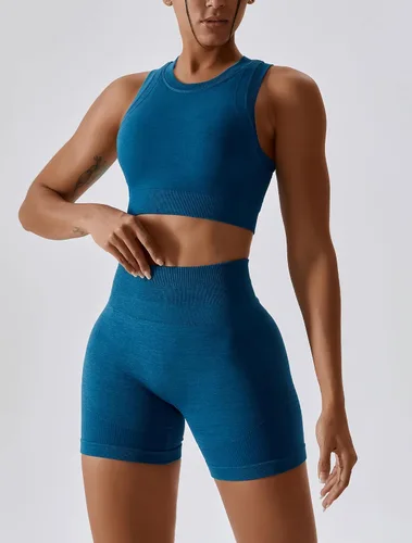 Vista 87 de Conjuntos de entrenamiento para mujer, 2 piezas, sin costuras, acanalada, sin mangas, brasier deportivo, cintura alta, pantalones cortos