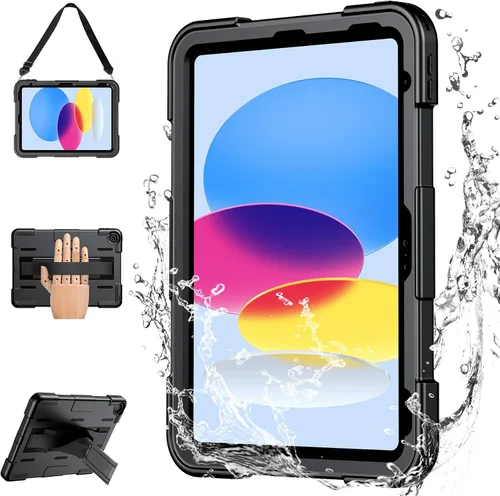 Vista 9 de Funda para iPad de 9ª generación de 10.2 pulgadas, grado militar, a prueba de caídas IP68, impermeable, con protector de pantalla, soporte y correa