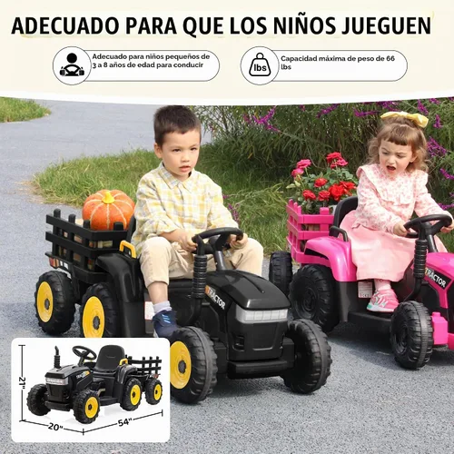 Vista 7 de TOBBI - Tractor de juguete a batería de 12 V con remolque color verde, rosado y rojo